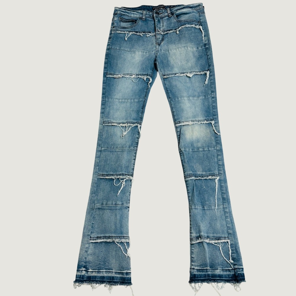 Street Jeans Mens 32x36 Stacked Fit Window Pane Distressed Slim Stretch